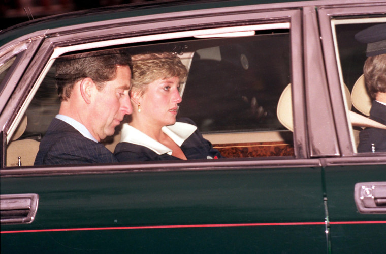 Tearful Princess Diana of Wales with Prince Charles at the Leonora Knatchbull memorial. 