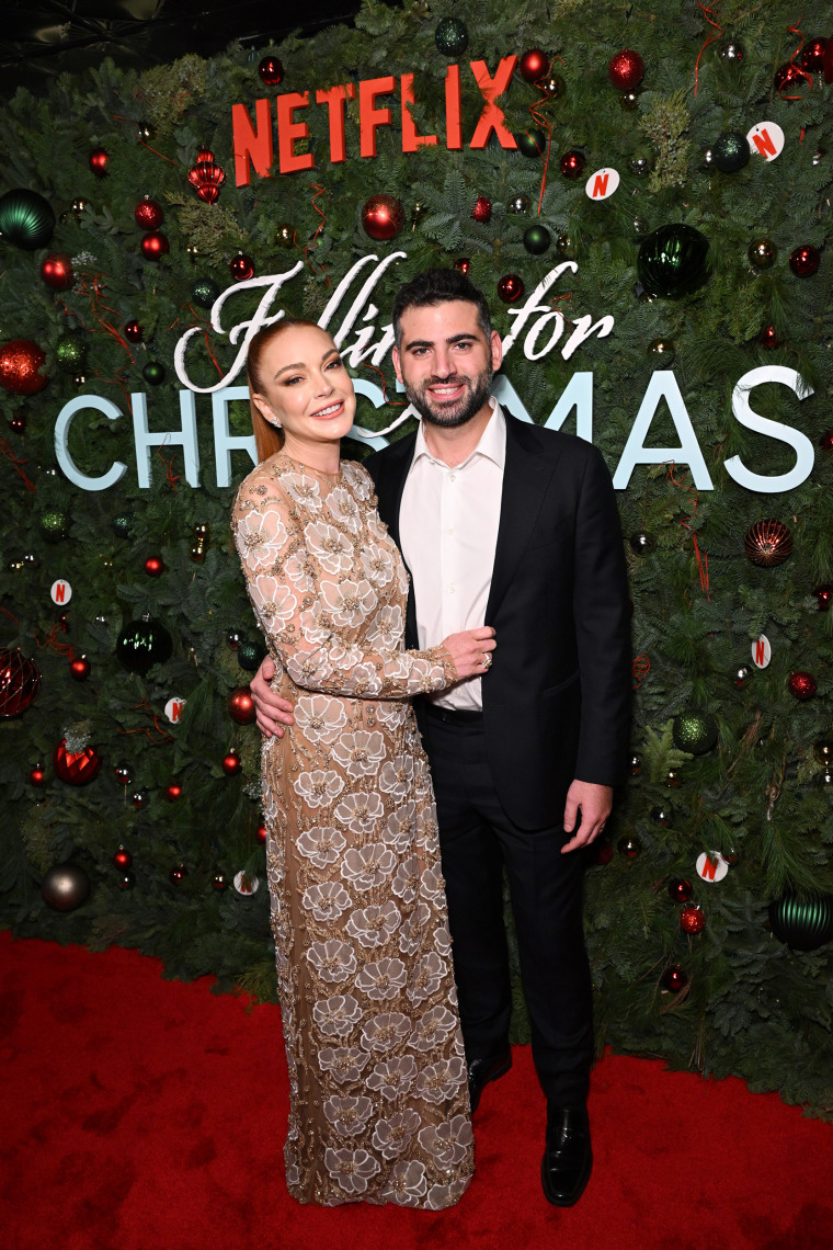 Lindsay Lohan and Bader Shammas attend Netflix’s Falling For Christmas Celebratory Holiday Fan Screening with Cast & Crew on November 9, 2022 in New York City.