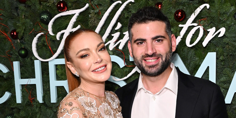 Lindsay Lohan and Bader Shammas attend Netflix’s Falling For Christmas Celebratory Holiday Fan Screening with Cast & Crew on November 9, 2022 in New York City.