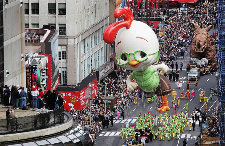 On Nov. 25, 2004, Chicken Little made his debut as a giant helium balloon. He was the star of an animated Disney version of the classic children's tale that debuted in theaters the following July.