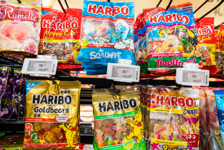 Packets of German confectionery company Haribo gummy candy. 