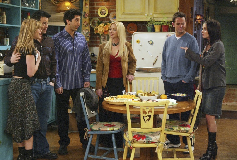Jennifer Aniston, Matt LeBlanc, David Schwimmer, Lisa Kudro, Matthew Perry, and Courteney Cox in season 10, Episode 16 of "Friends."