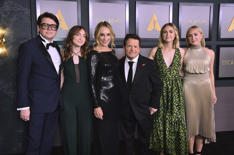 From left, Sam Fox, Esme Fox, Tracy Pollan, Michael J. Fox, Schuyler Fox and Aquinnah Fox arrive at the Governors Awards on Saturday, Nov. 19, 2022, at Fairmont Century Plaza in Los Angeles.