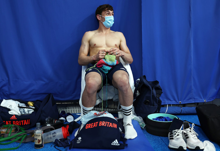 Thomas Daley of Team Great Britain knitting before the Men's 10m Platform Final.