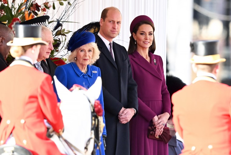Camilla, Queen Consort, Prince William, Prince of Wales and Catherine, Princess of Wales at the Ceremonial Welcome by The King and The Queen Consort 