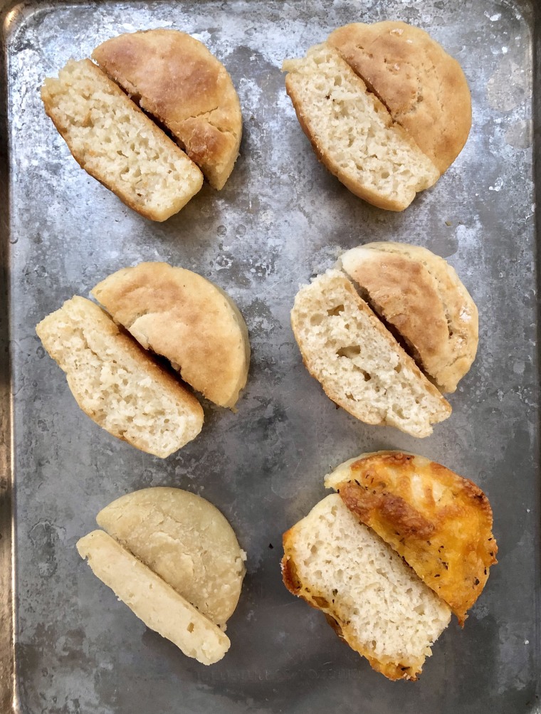 The mayo roll recipe with (from top, left to right): double the mayo, half the mayo, more milk, no oiling of the pan, non-self-rising flour and cheddar-topped.