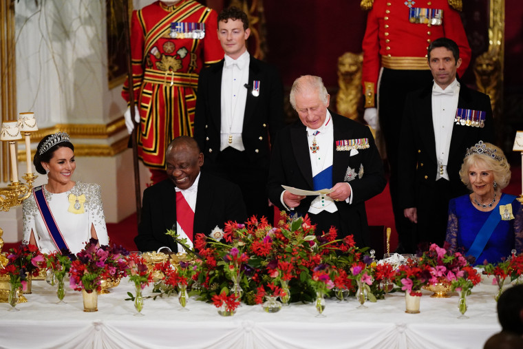 (Left to right) Catherine, Princess of Wales, President Cyril Ramaphosa of South Africa, King Charles III and Camilla, Queen Consort during the State Banquet at Buckingham Palace.
