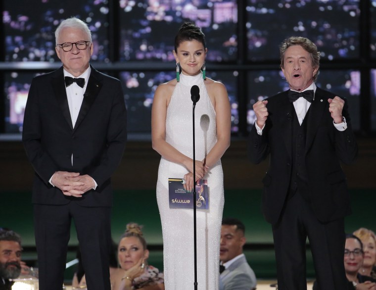 Steve Martin, Selena Gomez and Martin Short speak on stage during the 74th Annual Primetime Emmy Awards held at the Microsoft Theater on September 12, 2022.