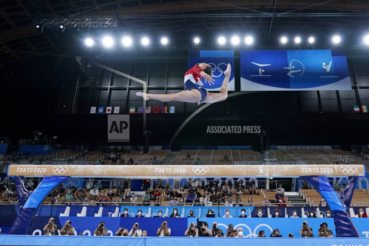Lee performs on the balance beam during the artistic gymnastics women's final at the 2020 Summer Olympics on July 27, 2021, in Tokyo.