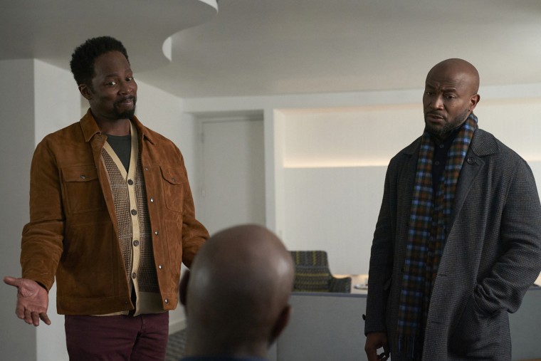 THE BEST MAN: THE FINAL CHAPTERS -- "Paradise" Episode 101 -- Pictured: (l-r) Harold Perrineau as Murch, Morris Chestnut as Lance, Taye Diggs as Harper -- (Photo by: Clifton Prescod/Peacock)