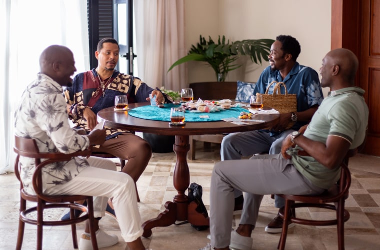 THE BEST MAN: THE FINAL CHAPTERS -- “Paradise" Episode 101 -- Pictured: (l-r) Taye Diggs as Harper Stewart, Terrence Howard as Quentin, Harold Perrineau as Julian Murch, Morris Chestnut as Lance Sullivan (Photo by: Nicolas Cordone/Peacock)