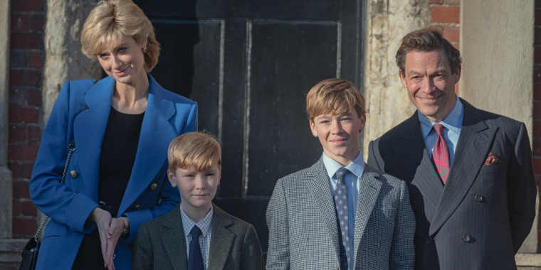 Elizabeth Debicki as Princess Diana, Will Powell as Prince Harry, Senan West as Prince William, and Dominic West as Charles, Prince of Wales.