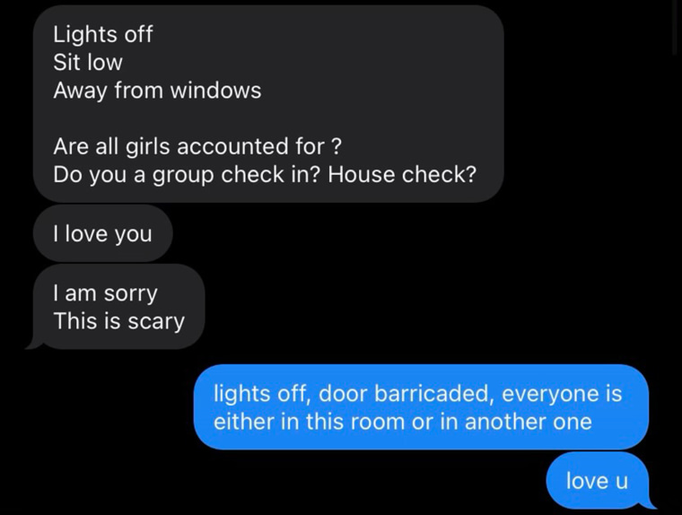 The first of many text messages exchanged between Lisa Donovan and her daughter, Joely, who sheltered-in-place on the University of Virginia campus after a shooter killed three people and injured two others. 