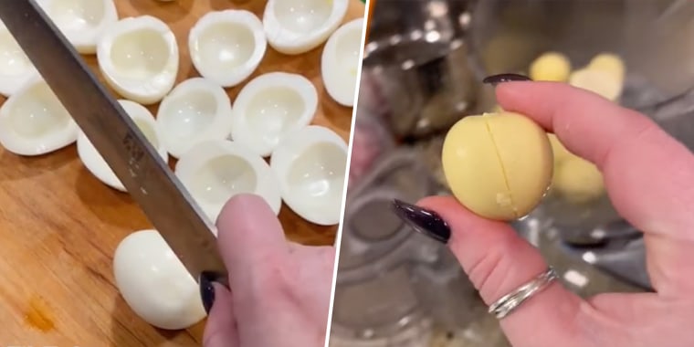 A rolling-while-slicing technique achieves a perfectly intact egg yolk.