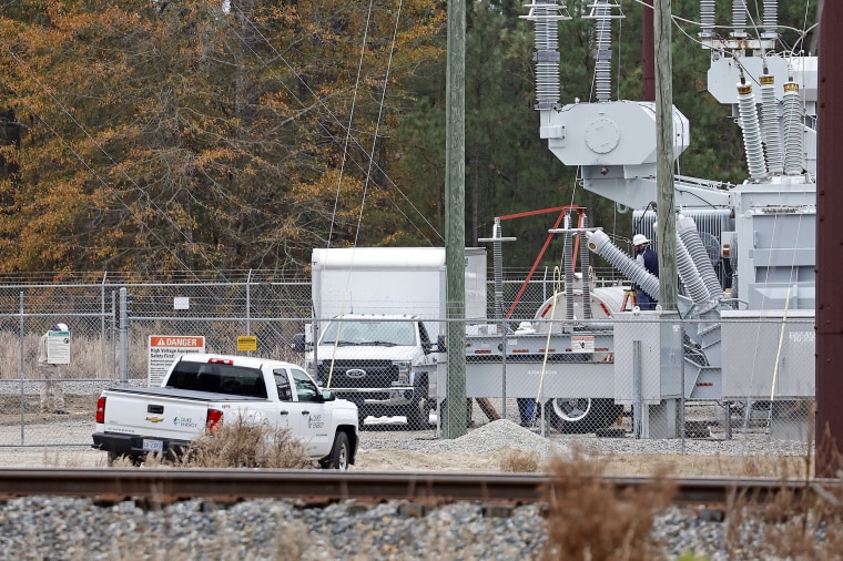Workers work on equipment at the West End Substation in West End, N.C. on Dec. 5.