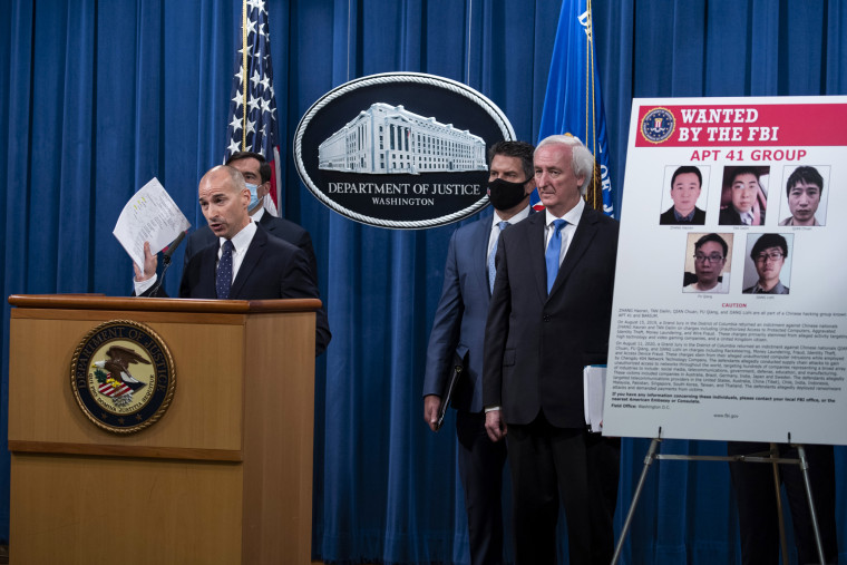 Acting U.S. Attorney for the District of Columbia Michael R. Sherwin speaks about charges and arrests related to a Chinese government-linked computer intrusion campaign by a group called APT 41 at the Department of Justice September 16, 2020 in Washington .