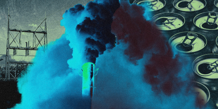 Photo illustration of an aluminum plant, a large smoke stack emitting fumes, and aluminum soda cans.