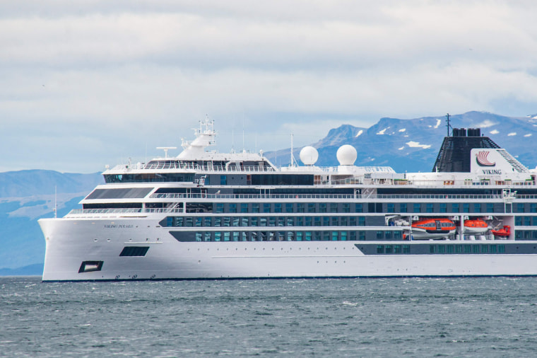 The Viking Polaris anchored in Ushuaia, Argentina, on Dec. 1, 2022.