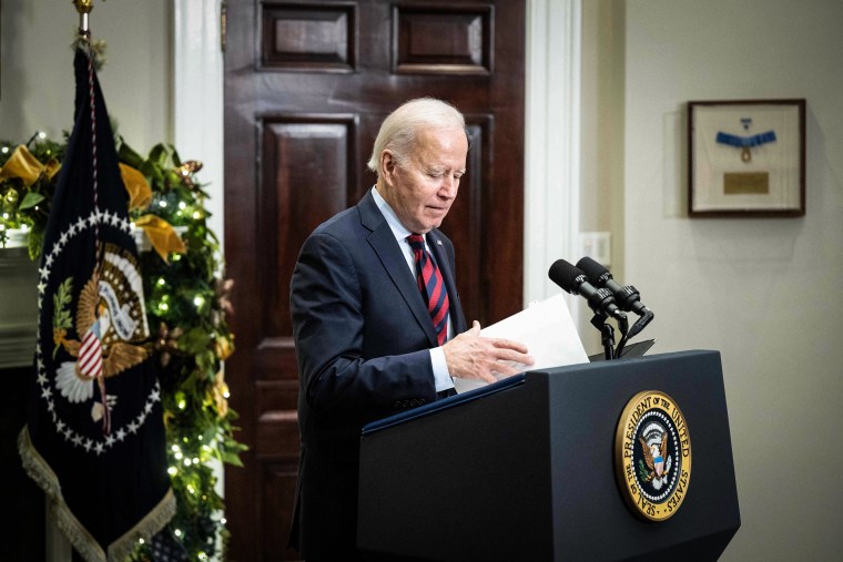 Image: President Joe Biden speaks in the Roosevelt Room of the White House on Dec. 2, 2022.