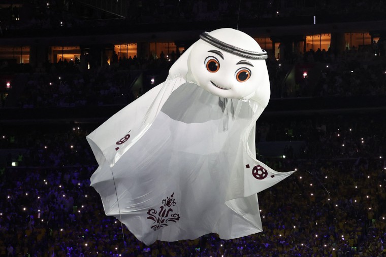 The mascot La'eeb during the opening ceremony of the Qatar 2022 World Cup