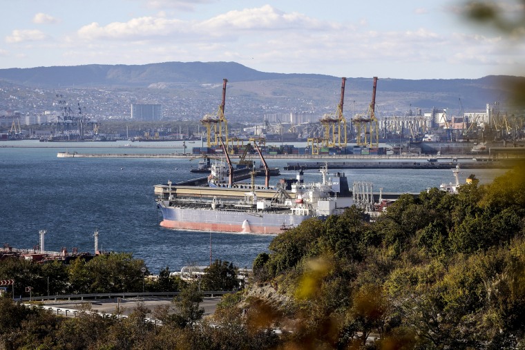 An oil tanker is moored at the Sheskharis complex, part of Chernomortransneft JSC, a subsidiary of Transneft PJSC, in Novorossiysk, Russia, on Oct. 11, 2022, one of the largest facilities for oil and petroleum products in southern Russia.