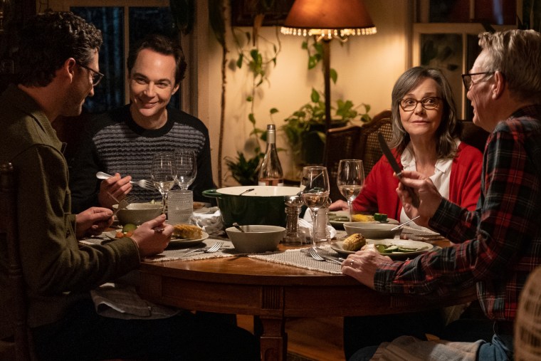 From left, Ben Aldridge, Jim Parsons, Sally Field and Bill Irwin in "Spoiler Alert."