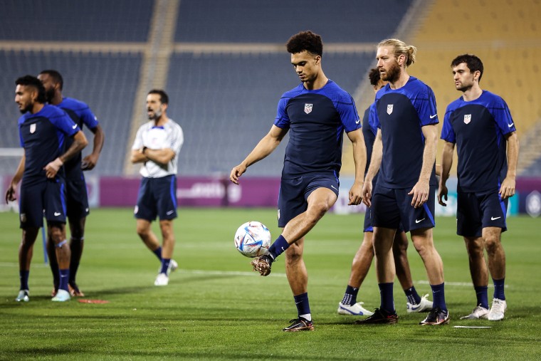 Image: Antonee Robinson of USA controls the ball during USA practice session ahead of their round of sixteen match against Netherlands on December 2, 2022 in Doha, Qatar. 