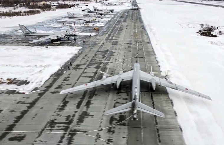 A Tu-95 strategic bomber from the Russian air force prepares to take off from an air base in Engels, Russia on Jan. 24, 2022. 