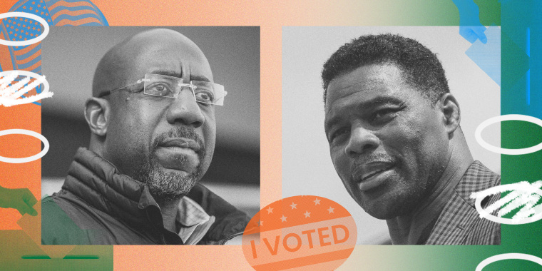 Photo illustration of Georgia Senate candidates Raphael Warnock and Herschel Walker, surrounded by "I Voted" stickers and ballot bubbles