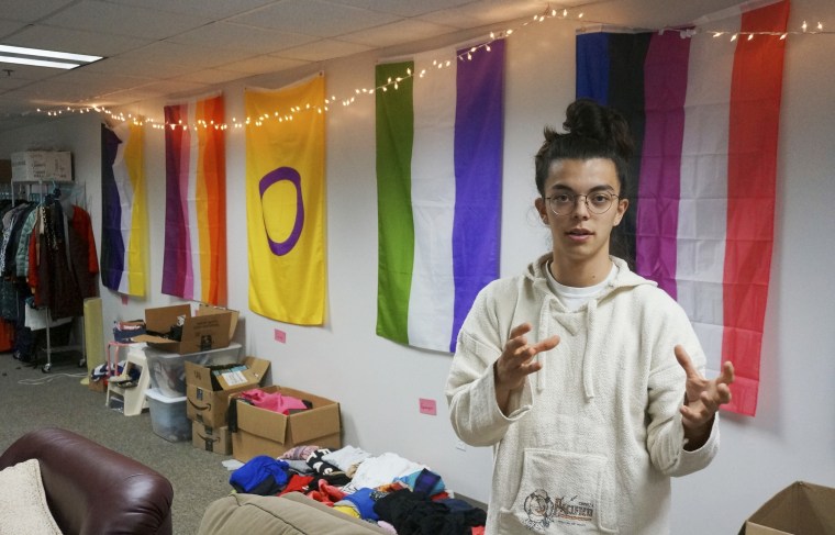 Sean Fisher, one of the student coordinators for QPLUS, the LGBTQ student organization for the College of Saint Benedict and Saint John's University, in St. Joseph, Minn., on Nov. 8, 2022. 