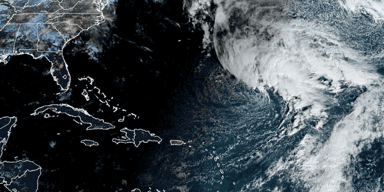 NOAA satellite image showing a storm over the Atlantic.