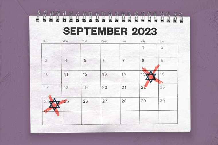 Calendar of September 2023 with the dates of Rosh Hashanah and Yom Kippur crossed out.