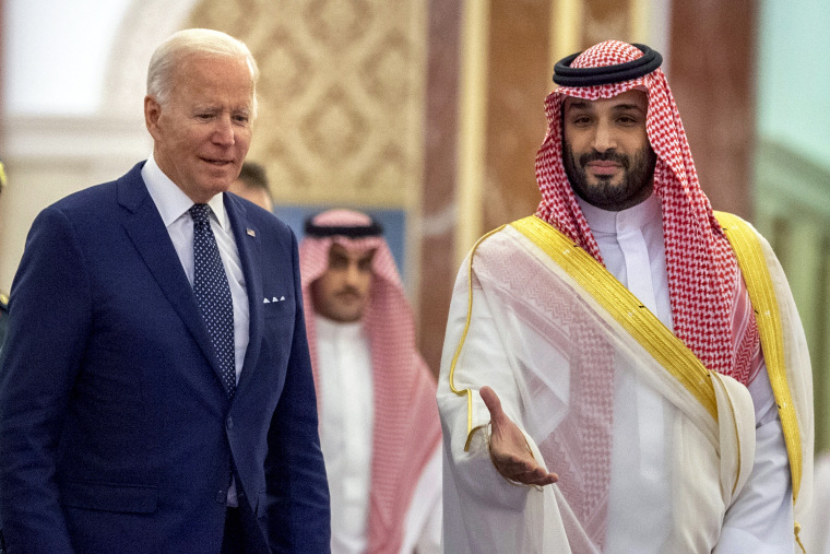 Saudi Crown Prince Mohammed bin Salman welcomes President Joe Biden to Al-Salam Palace in Jeddah, Saudi Arabia, on July 15, 2022.