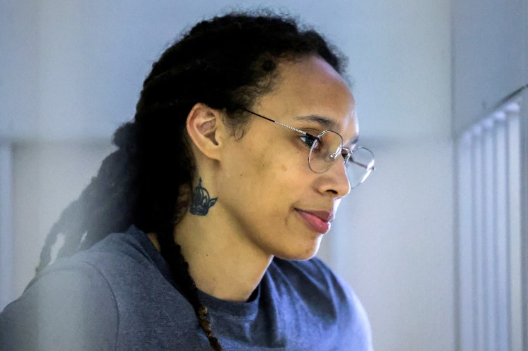 Brittney Griner at a hearing in Khimki outside Moscow on Aug. 4, 2022.