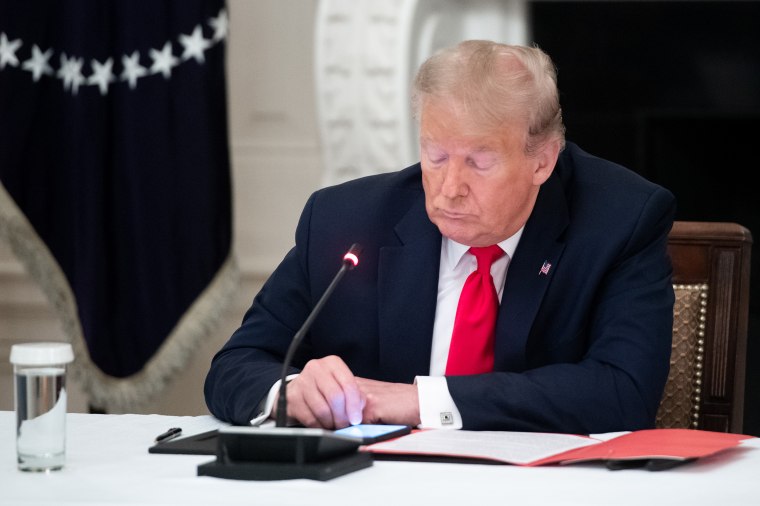 Then-President Donald Trump uses his cellphone during a roundtable discussion at the White House.