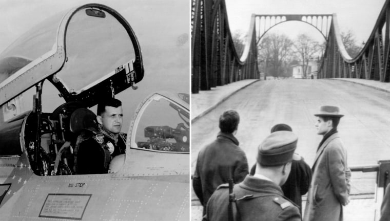 From left: Francis Gary Powers in 1953, and the Glienicke bridge on the day of his release in 1962.