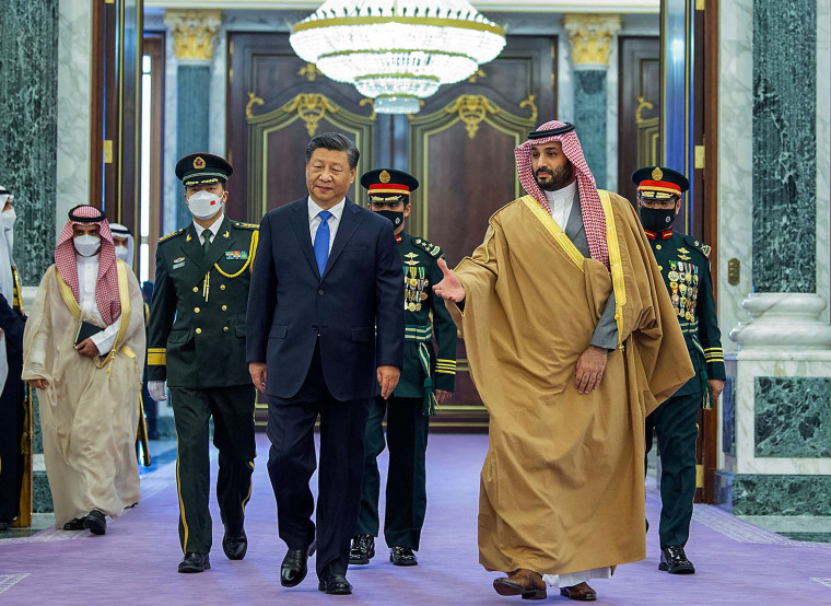 Saudi Crown Prince Mohammed bin Salman welcomes Chinese President Xi Jinping to the palace in Riyadh, Saudi Arabia