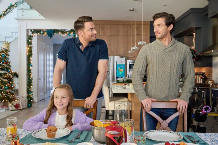 Jonathan Bennett, left, George Krissa and Mila Morgan in "The Holiday Sitter."