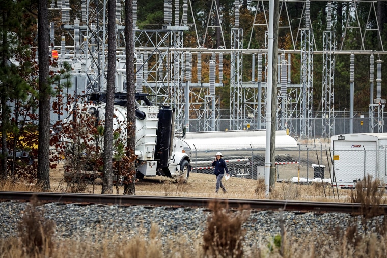 Image: Workers work on equipment at the West End Substation, at 6910 NC Hwy 211 in West End, N.C., on Dec. 5, 2022, where a serious attack on critical infrastructure has caused a power outage to many around Southern Pines, N.C.