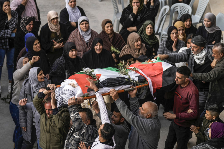 Image: Palestinians carry the body of Jana Zakaran, 16, during her funeral in the West Bank city of Jenin, on Dec. 12, 2022.