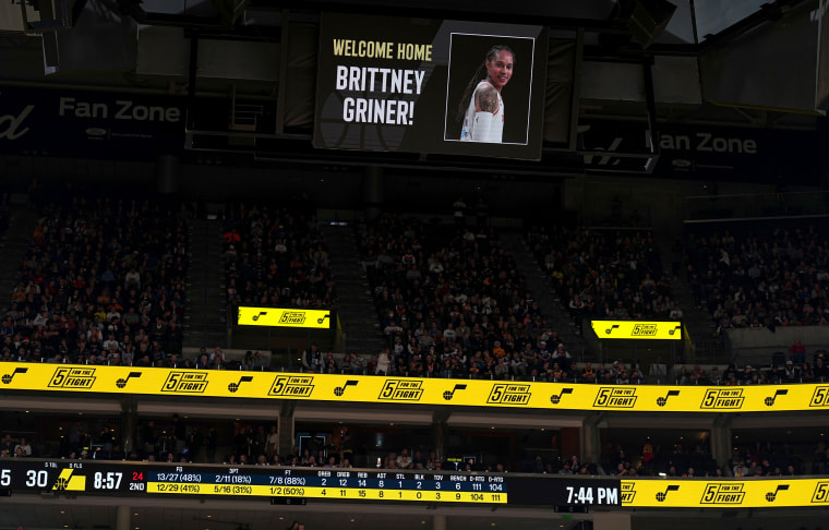 A signage commemorating Brittney Griner's return to the United States during the game between the Minnesota Timberwolves and Utah Jazz in Salt Lake City, Utah on Dec. 9, 2022.