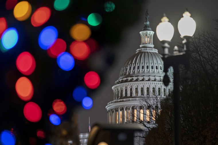 Holiday lights and the U.S. Capitol on Dec. 7, 2022. 