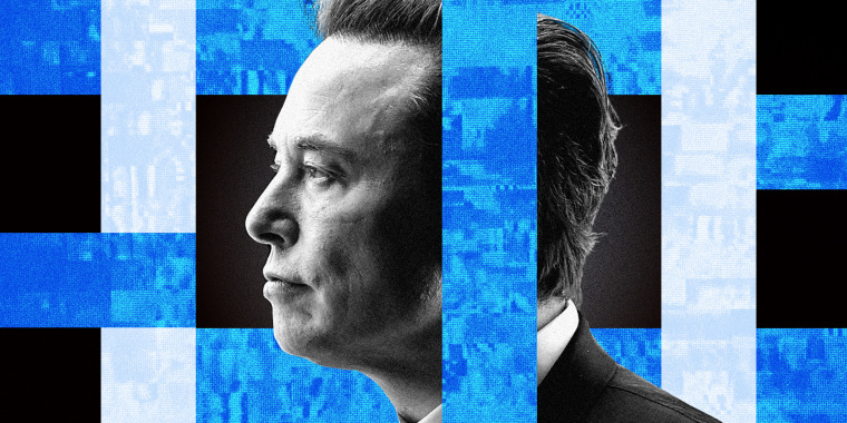 Photo illustration: Blue bars with pixellated images overlap each other and Elon Musk's portrait. 