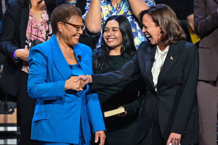 Vice President Kamala Harris congratulates Karen Bass after she was sworn in as the Mayor of Los Angeles on Dec. 11, 2022.