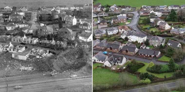 The crash scene of the Lockerbie bombing, from left; 1988, and 2018. 