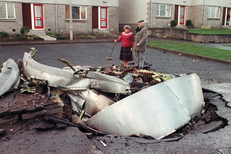 A file picture of crash wreckage taken on December 22, 1988, in Lockerbie, Scotland.