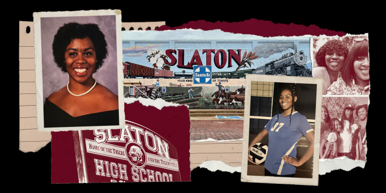 Photo collage: Portraits of Autumn Roberson-Manahan and images of her with her family against an image of a mural that reads,"Slaton, Your Kind of Town" and a cut out that reads,"Slaton High School".