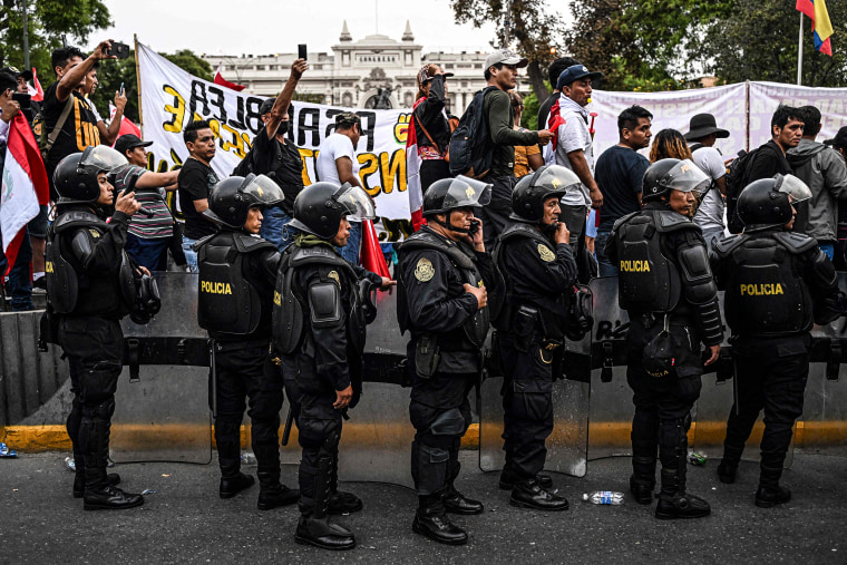 Image: Members of the riot police are seen during a demonstration held by supporters of former President Pedro Castillo to demand his release and the closure of the Peruvian Congress in Lima, on Dec. 11, 2022.