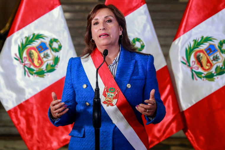 Image: Peru's President Dina Boluarte announcing on a televised message she will present a bill to parliament to advance the scheduled general elections from April 2026 to April 2024, at the Presidential Palace in Lima, on Dec. 11, 2022. 