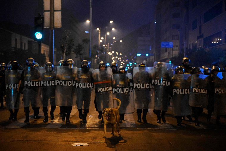 Members of the riot police are seen during a demonstration held by supporters of former President Pedro Castillo to demand his release and the closure of the Peruvian Congress in Lima, on December 11, 2022. - 